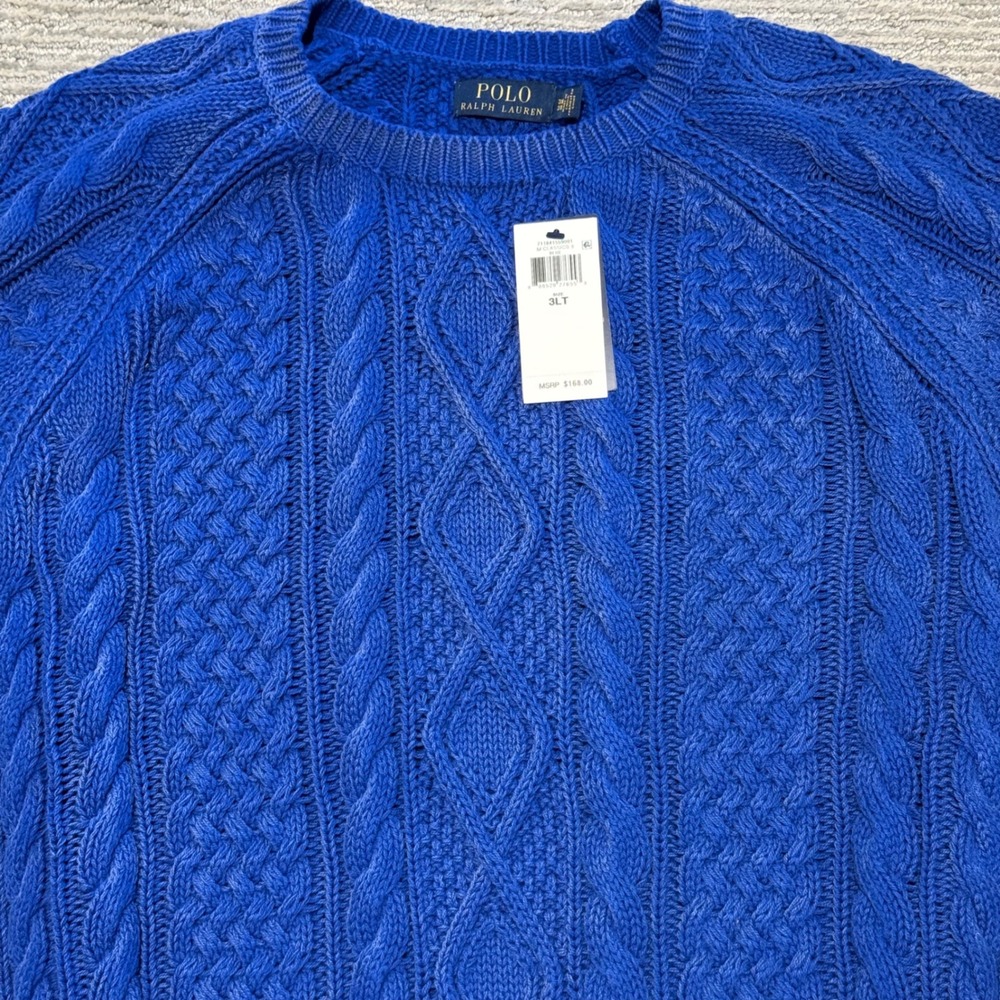 Polo Ralph Lauren Blue Cable Knit Distressed Sweater Mens 3XLT Big & Tall NWT